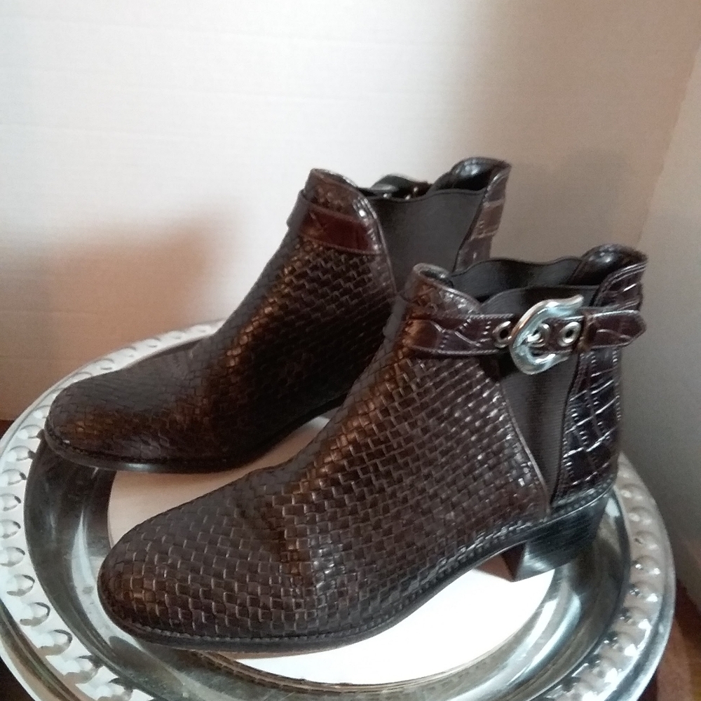 Brighton Ankle Boots Brown Woven Leather Reptile Size 9.5 M